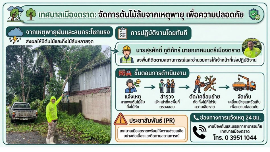 เทศบาลเมืองตราดเร่งจัดการต้นไม้ล้มจากเหตุพายุ เพื่อความปลอดภัยของประชาชน