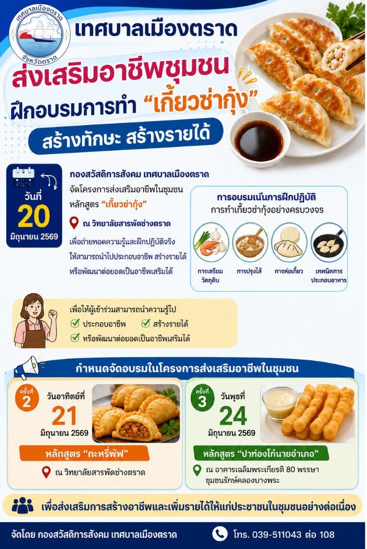 เทศบาลเมืองตราดส่งเสริมอาชีพชุมชน ฝึกอบรมการทำ “เกี๊ยวซ่ากุ้ง” สร้างทักษะ สร้างรายได้